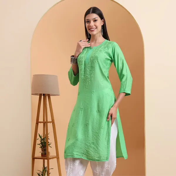 Green_Chanderi_Chikankari_Kurta_For_Women