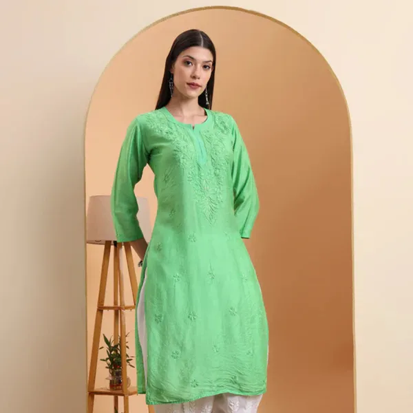 Green_Chanderi_Chikankari_Kurta_For_Women