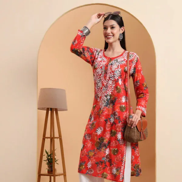 Red_Mulmul_Cotton_Chikankari_Kurta_For_Women