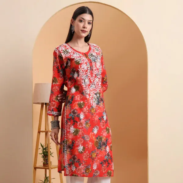Red_Mulmul_Cotton_Chikankari_Kurta_For_Women