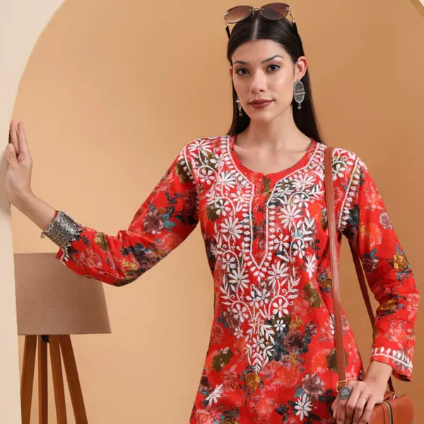 Red_Mulmul_Cotton_Chikankari_Kurta_For_Women