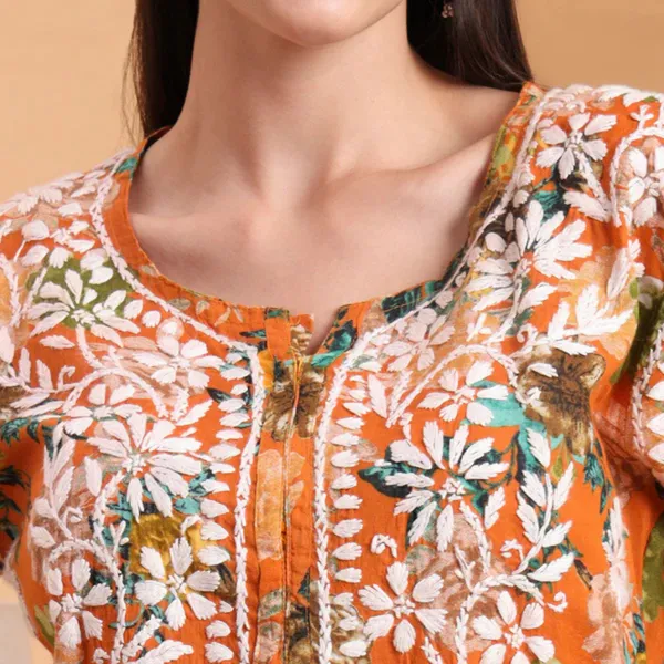 Orange_Mulmul_Cotton_Chikankari_Kurta_For_Women