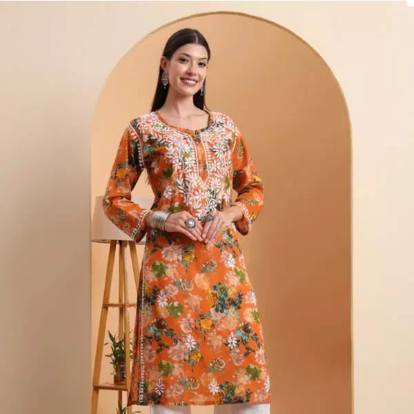 Orange_Mulmul_Cotton_Chikankari_Kurta_For_Women