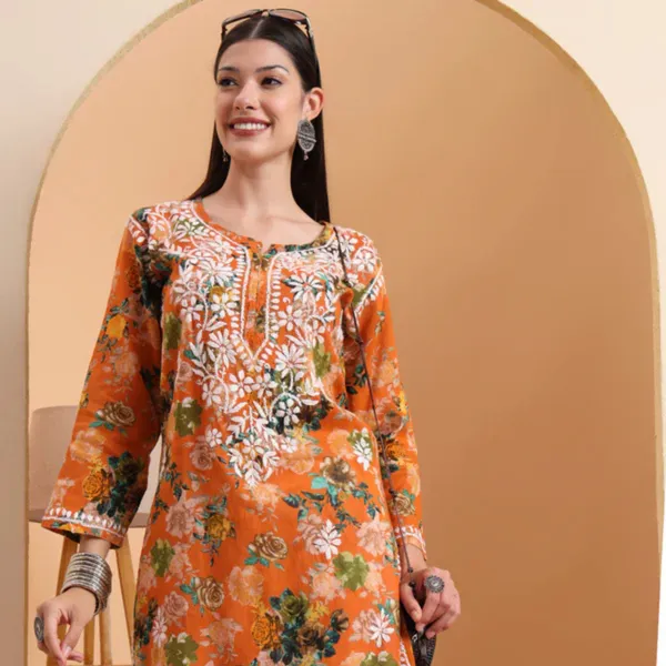 Orange_Mulmul_Cotton_Chikankari_Kurta_For_Women