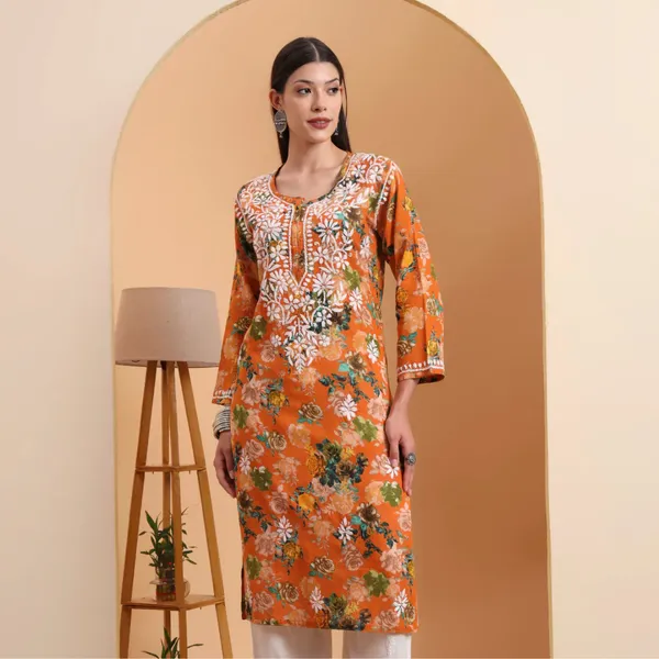 Orange_Mulmul_Cotton_Chikankari_Kurta_For_Women