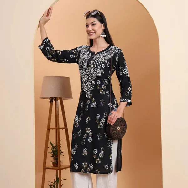 Black_Rayon_Printed_Embroidered_Kurti_For_Women