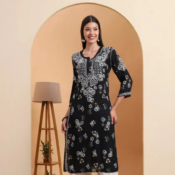 Black_Rayon_Printed_Embroidered_Kurti_For_Women