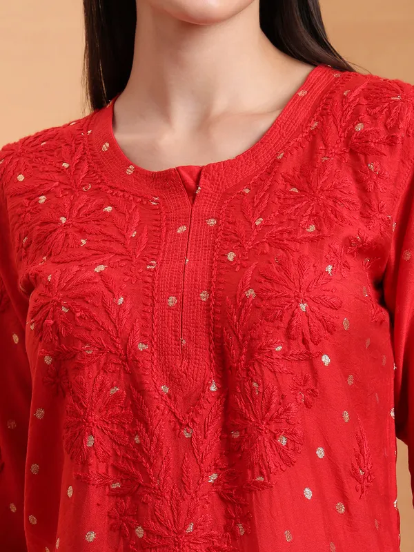 Red_Chanderi_Chikankari_Straight_Kurta_For_Women