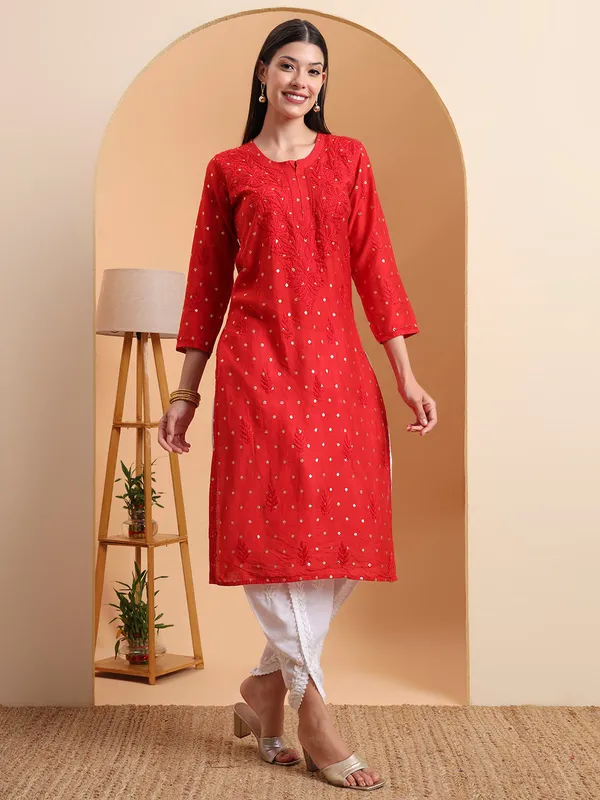 Red_Chanderi_Chikankari_Straight_Kurta_For_Women