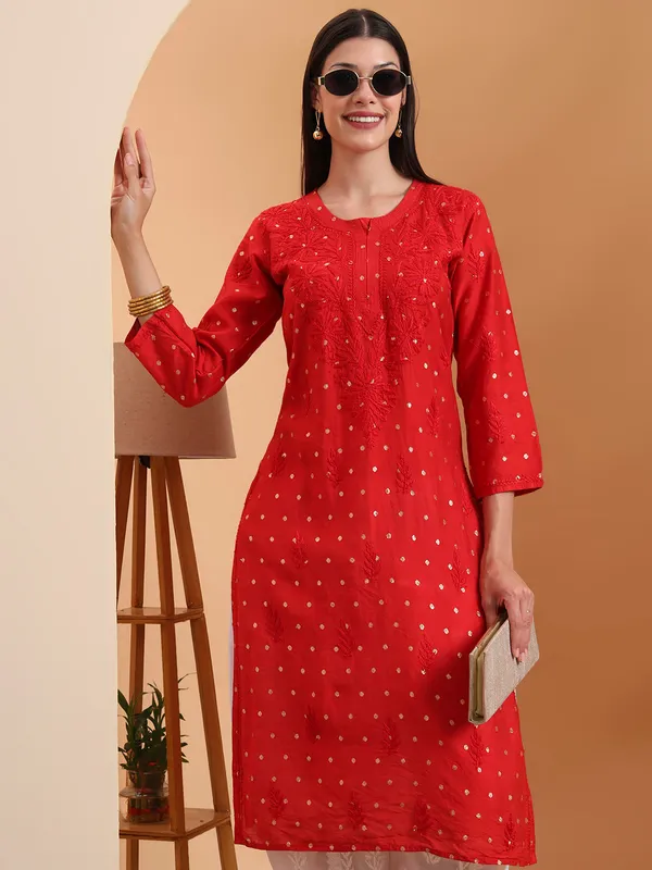 Red_Chanderi_Chikankari_Straight_Kurta_For_Women