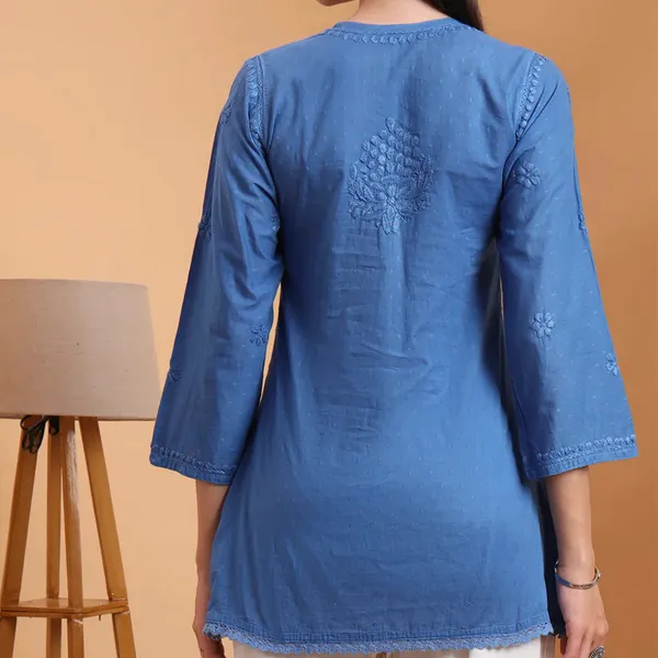 Blue_Dobby_Cotton_Chikankari_Short_Kurti_For_Women