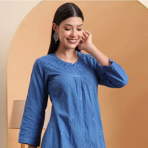 Blue_Dobby_Cotton_Chikankari_Short_Kurti_For_Women