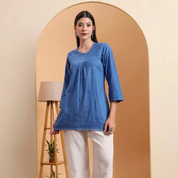Blue_Dobby_Cotton_Chikankari_Short_Kurti_For_Women