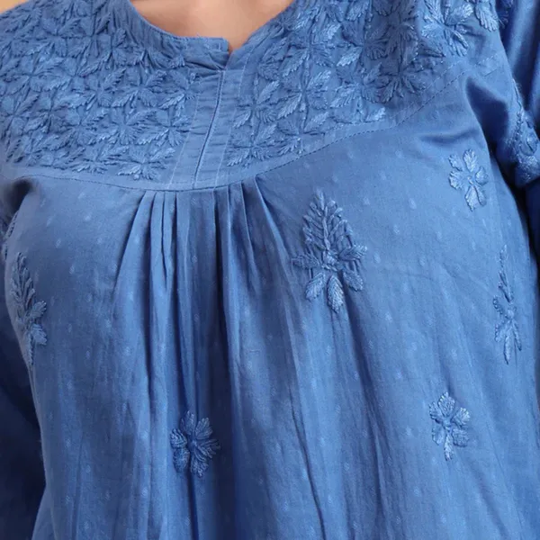 Blue_Dobby_Cotton_Chikankari_Short_Kurti_For_Women