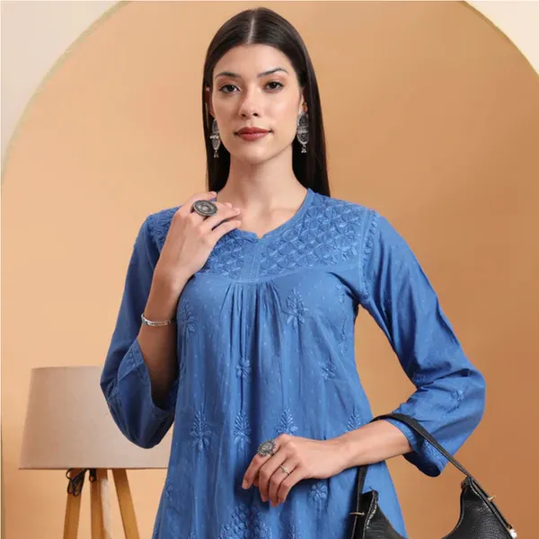 Blue_Dobby_Cotton_Chikankari_Short_Kurti_For_Women