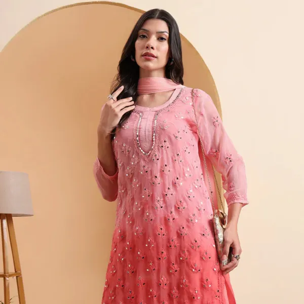 Peach_Georgette_Chikankari_Kurta_Set_With_Sharara_Dupatta_For_Women