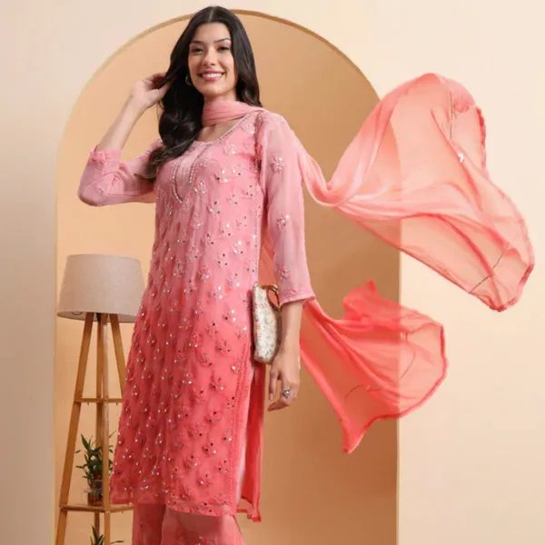 Peach_Georgette_Chikankari_Kurta_Set_With_Sharara_Dupatta_For_Women