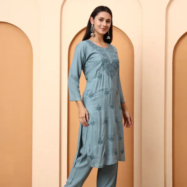 Green_Rayon_Chikankari_Kurta_With_Embroidered_Pants_For_Women