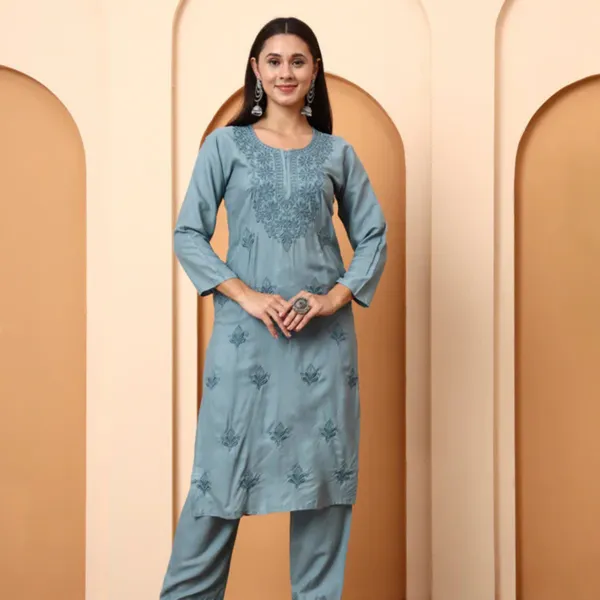 Green_Rayon_Chikankari_Kurta_With_Embroidered_Pants_For_Women