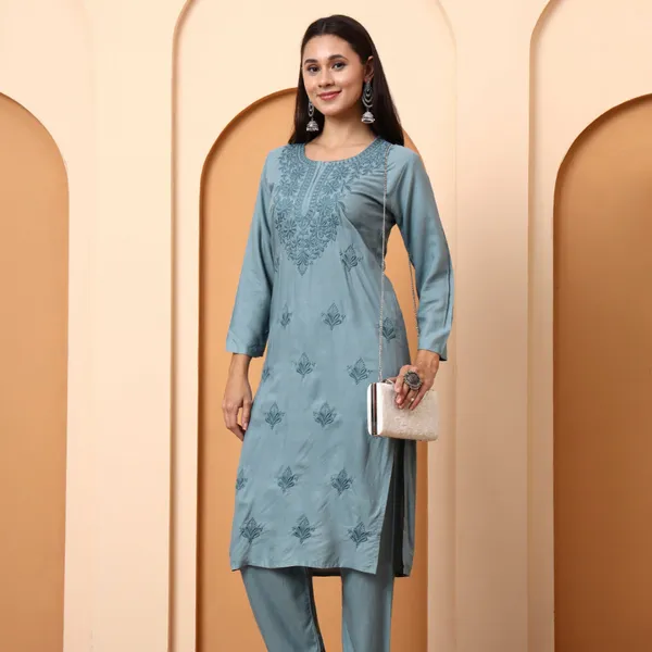 Green_Rayon_Chikankari_Kurta_With_Embroidered_Pants_For_Women