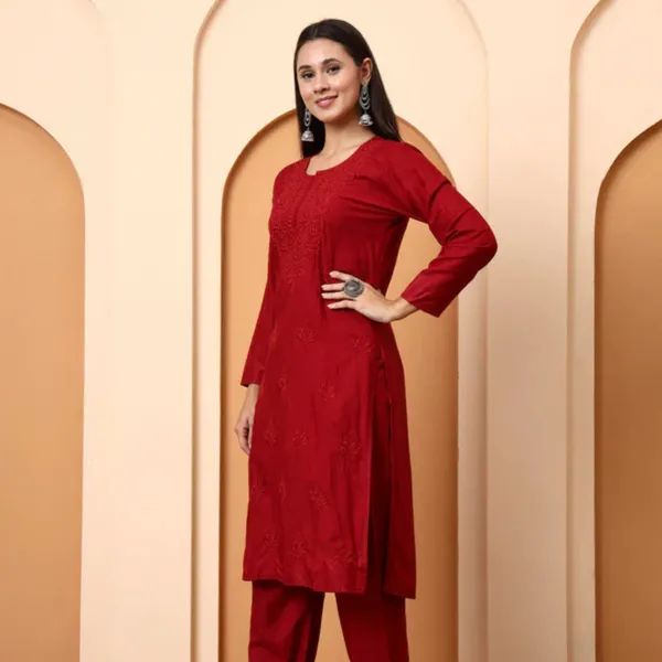 Maroon_Rayon_Chikankari_Kurta_Set_For_Women