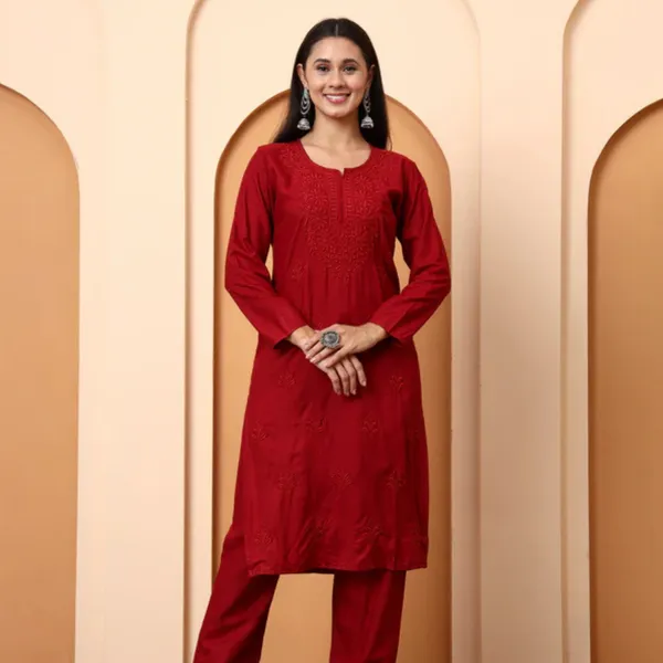 Maroon_Rayon_Chikankari_Kurta_Set_For_Women