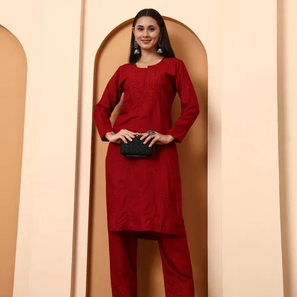 Maroon_Rayon_Chikankari_Kurta_Set_For_Women