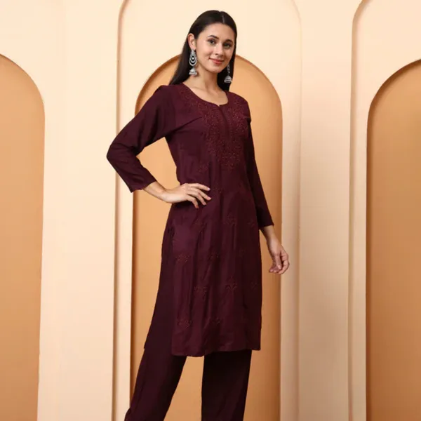 Wine_Rayon_Chikankari_Kurta_Set_For_Women