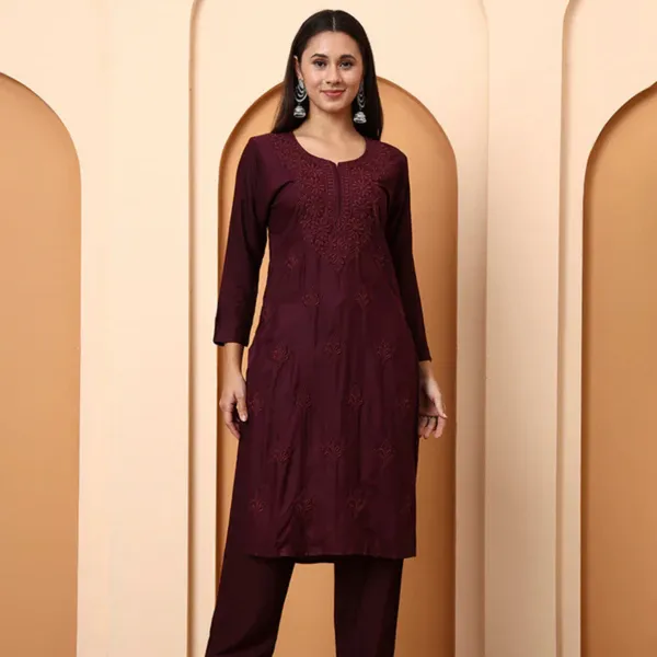 Wine_Rayon_Chikankari_Kurta_Set_For_Women