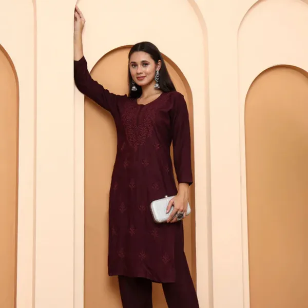Wine_Rayon_Chikankari_Kurta_Set_For_Women
