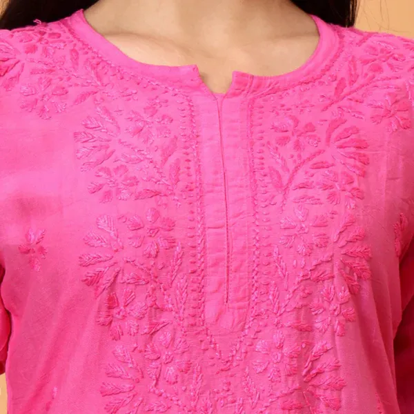 Pink_Chanderi_Chikankari_Three-Quarter_Sleeve_Kurti_For_Women