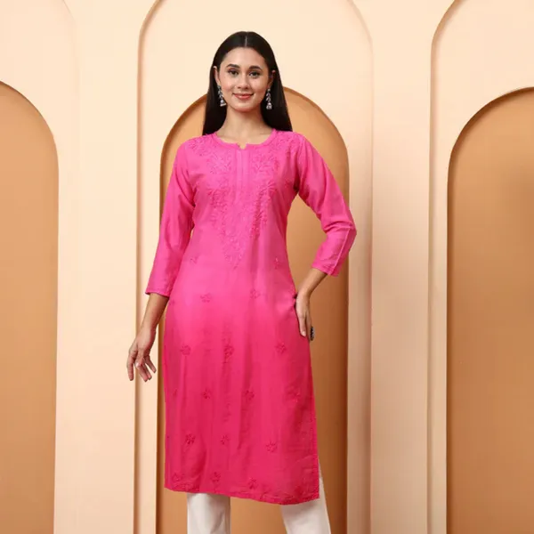 Pink_Chanderi_Chikankari_Three-Quarter_Sleeve_Kurti_For_Women