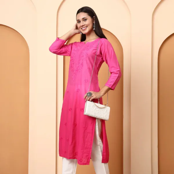 Pink_Chanderi_Chikankari_Three-Quarter_Sleeve_Kurti_For_Women