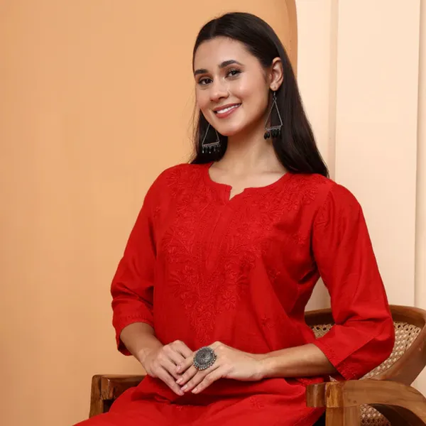 Red_Chanderi_Chikankari_Kurti_For_Women