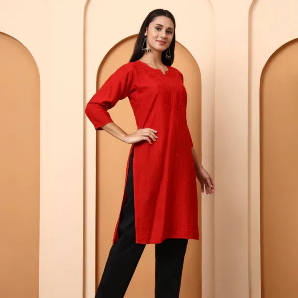 Red_Chanderi_Chikankari_Kurti_For_Women