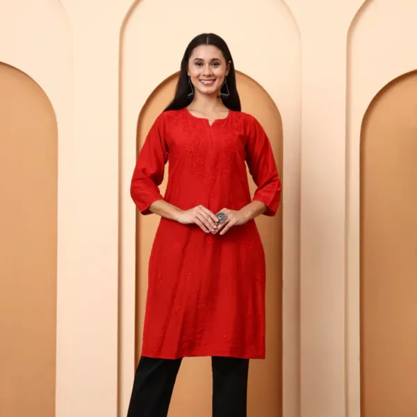 Red_Chanderi_Chikankari_Kurti_For_Women