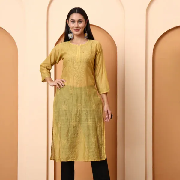 Mustard_Yellow_Chanderi_Chikankari_Kurti_For_Women