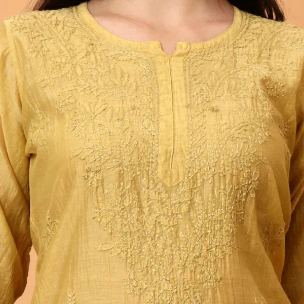 Mustard_Yellow_Chanderi_Chikankari_Kurti_For_Women
