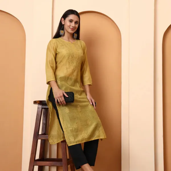 Mustard_Yellow_Chanderi_Chikankari_Kurti_For_Women