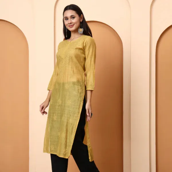 Mustard_Yellow_Chanderi_Chikankari_Kurti_For_Women