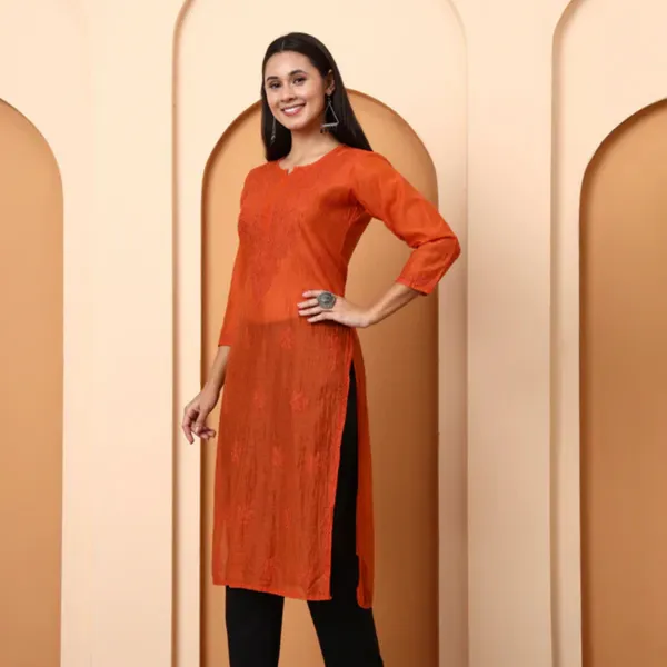 Rust_Orange_Chanderi_Chikankari_Kurti_For_Women