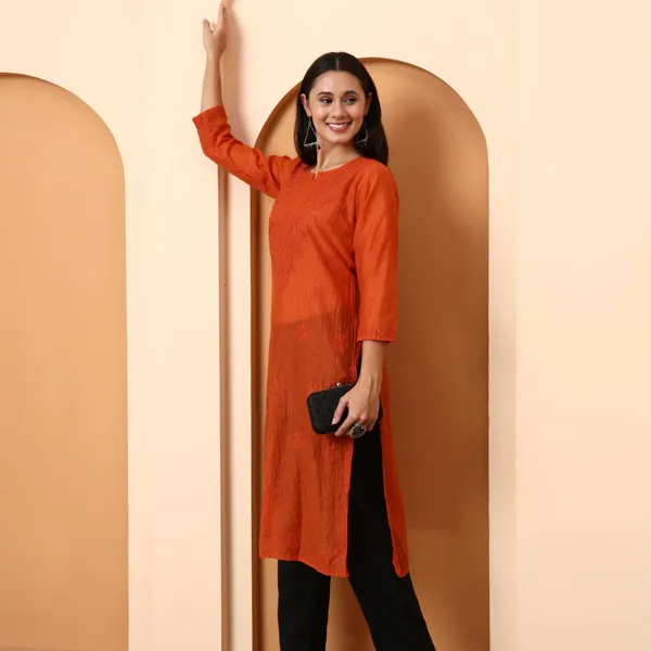Rust_Orange_Chanderi_Chikankari_Kurti_For_Women