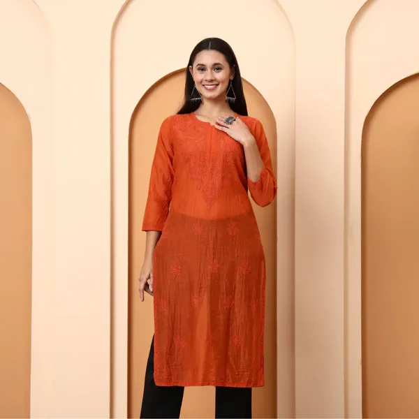 Rust_Orange_Chanderi_Chikankari_Kurti_For_Women