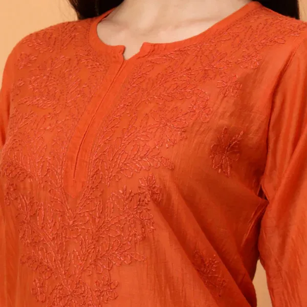 Rust_Orange_Chanderi_Chikankari_Kurti_For_Women