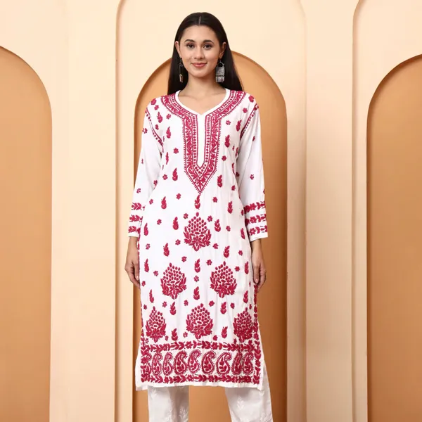 White_Dobby_Rayon_Embroidered_Kurti_For_Women
