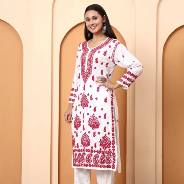 White_Dobby_Rayon_Embroidered_Kurti_For_Women