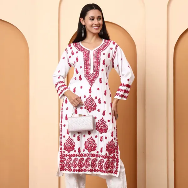 White_Dobby_Rayon_Embroidered_Kurti_For_Women