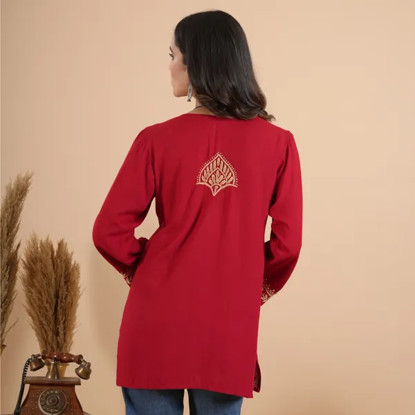 Cherry_Red_Rayon_Chikankari_Short_Kurti_For_Women