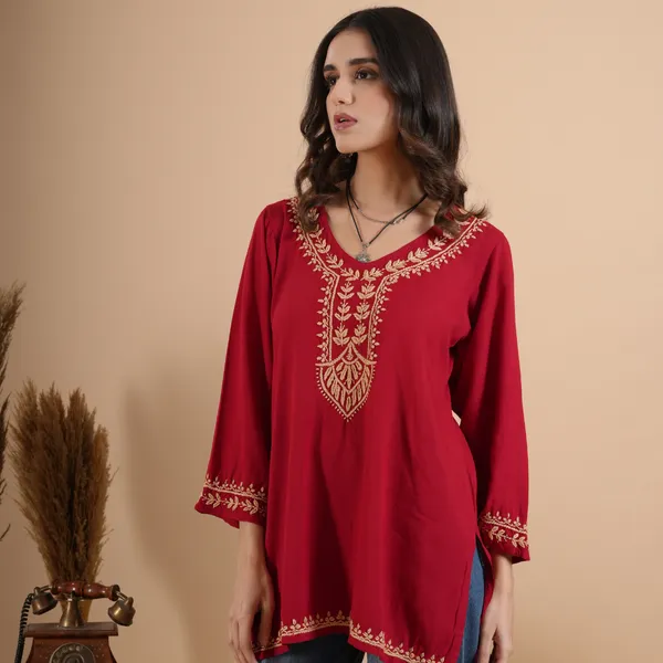 Cherry_Red_Rayon_Chikankari_Short_Kurti_For_Women