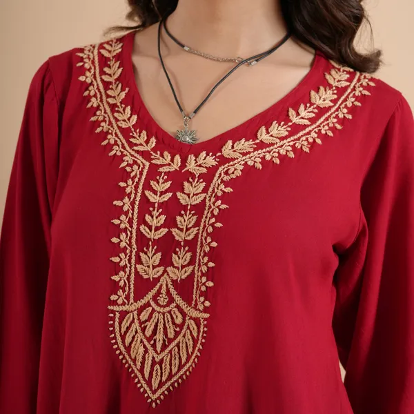 Cherry_Red_Rayon_Chikankari_Short_Kurti_For_Women